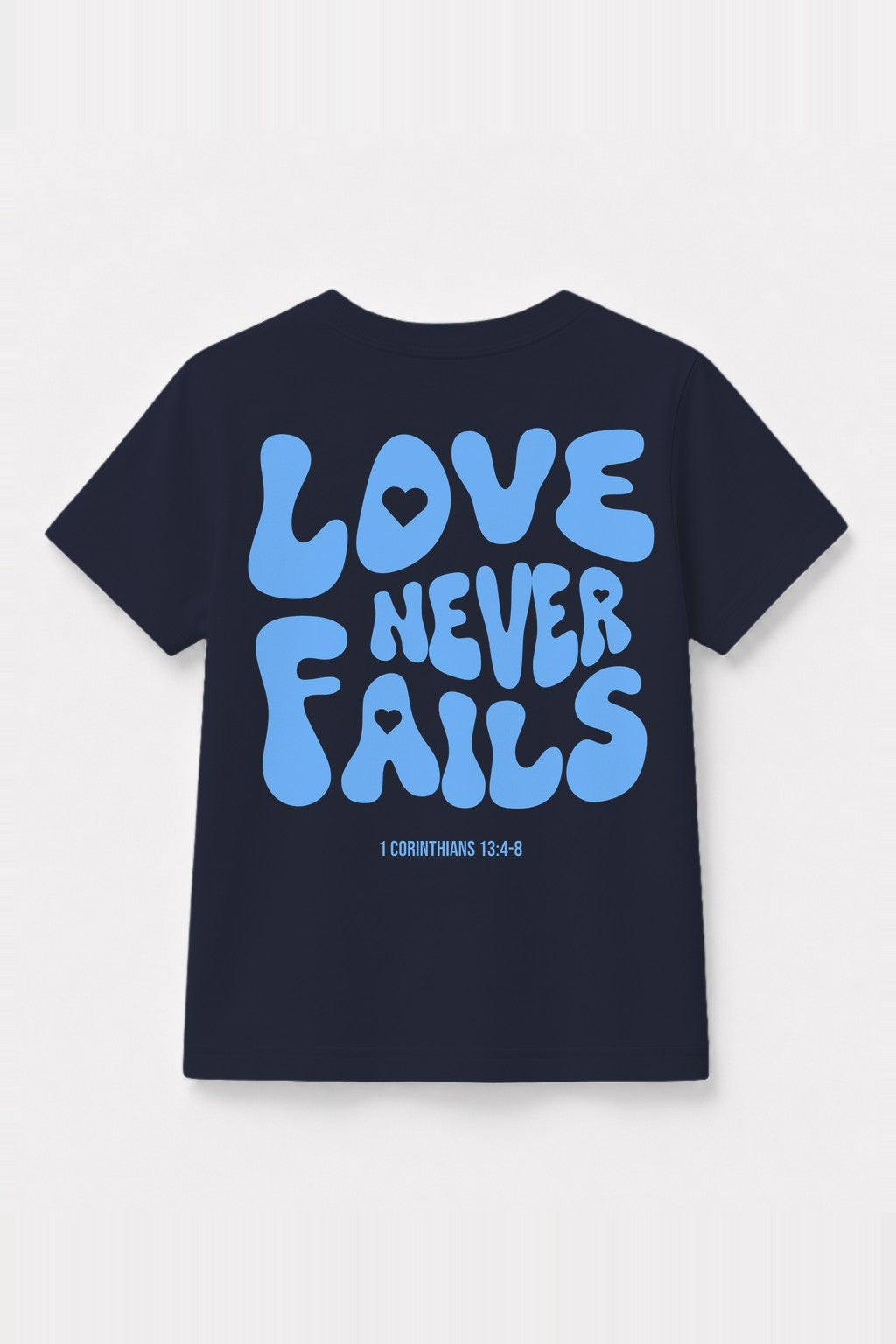 Kinder T-Shirt „Love never fails“ mit blauem Druck in Navy