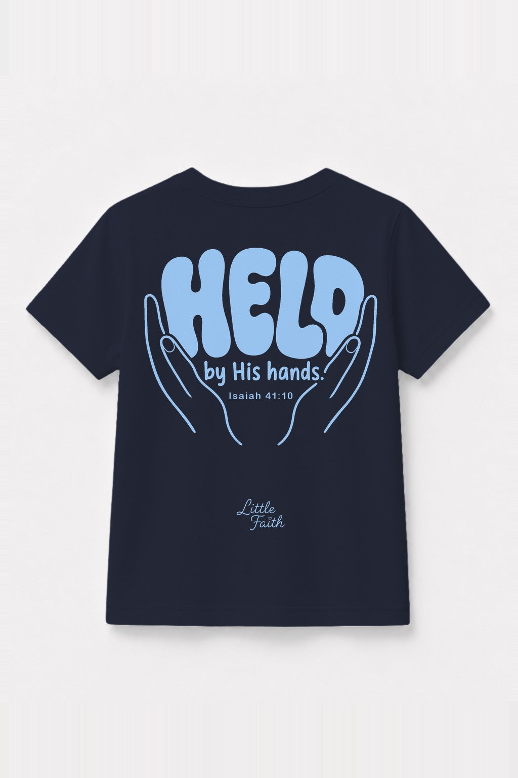 Kinder T-Shirt „Held by his Hands.“ mit blauem Druck in Navy