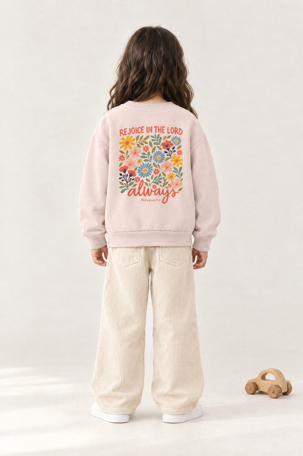 Kind von hinten im Kinder-Sweater „Rejoice in the Lord always“ in Rosa
