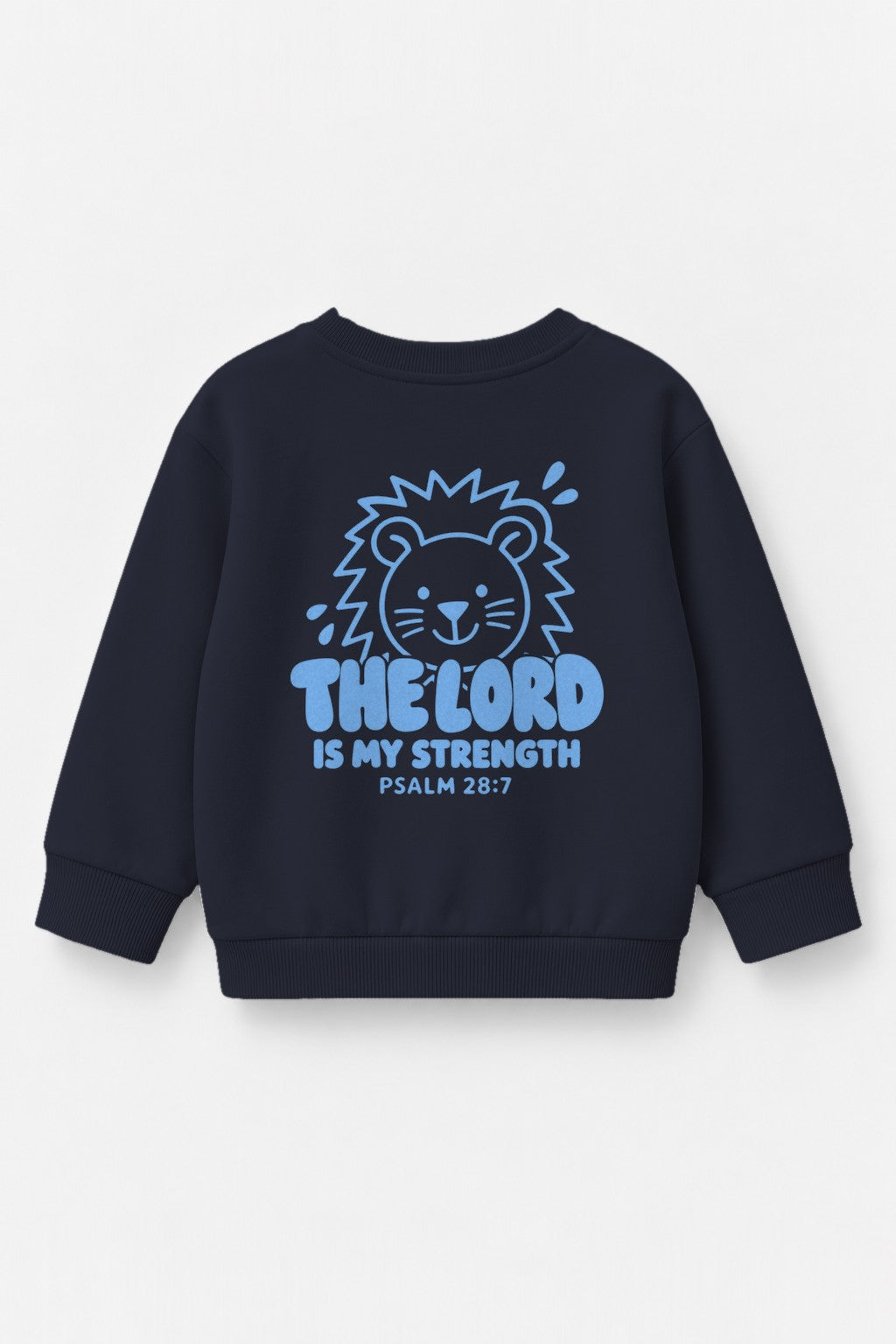 Kinder-Sweater The Lord is my strength mit blauem Druck in Navy, Rückendruck