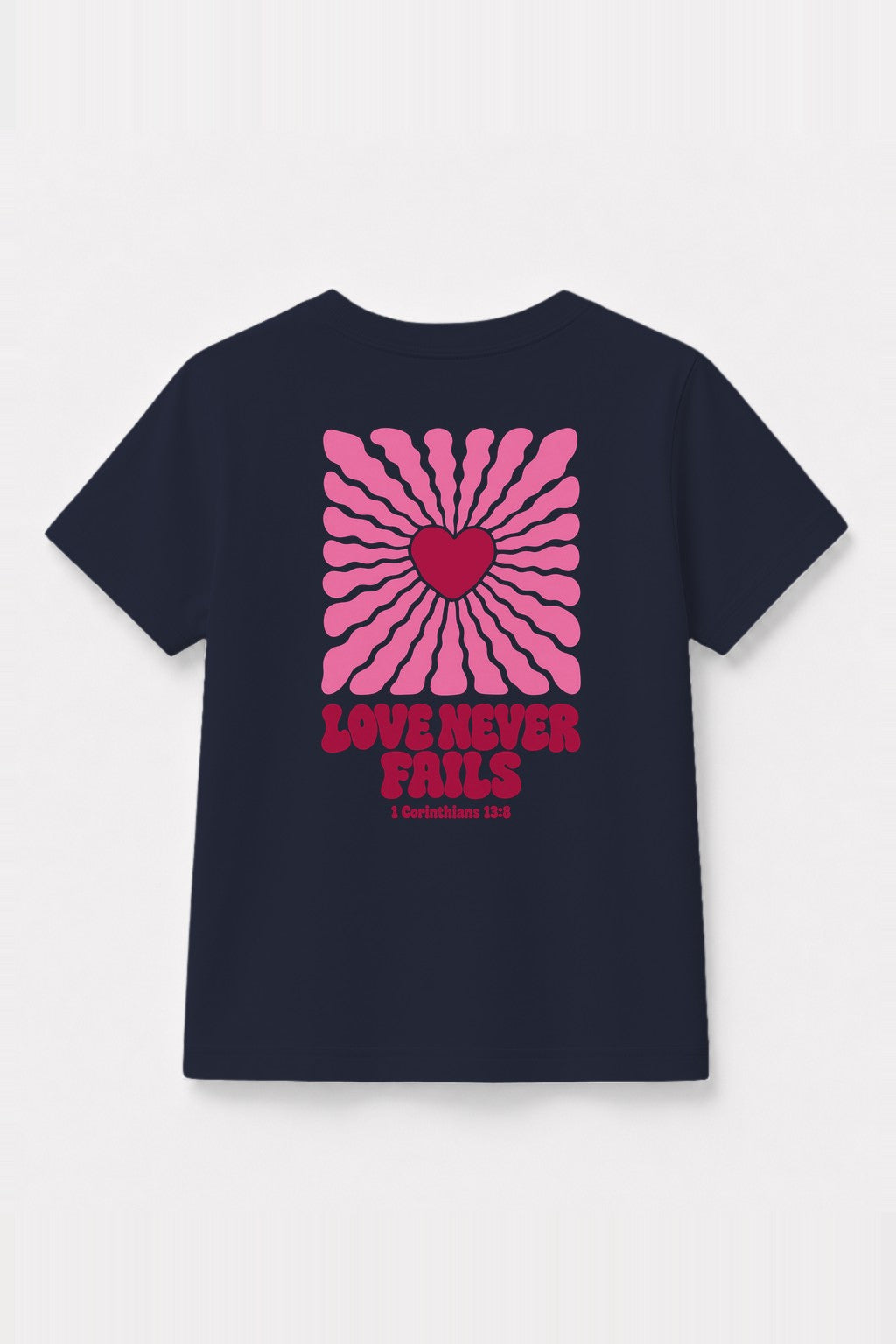 Kinder T-Shirt „Love never fails (Strahlen)“ in Navy