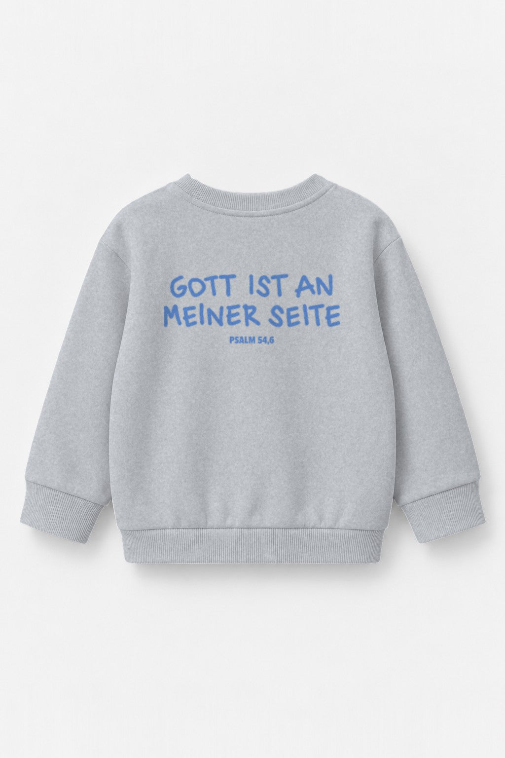 Kinder-Sweater Gott ist an meiner Seite mit blauem Druck in Grau meliert, Rückendruck