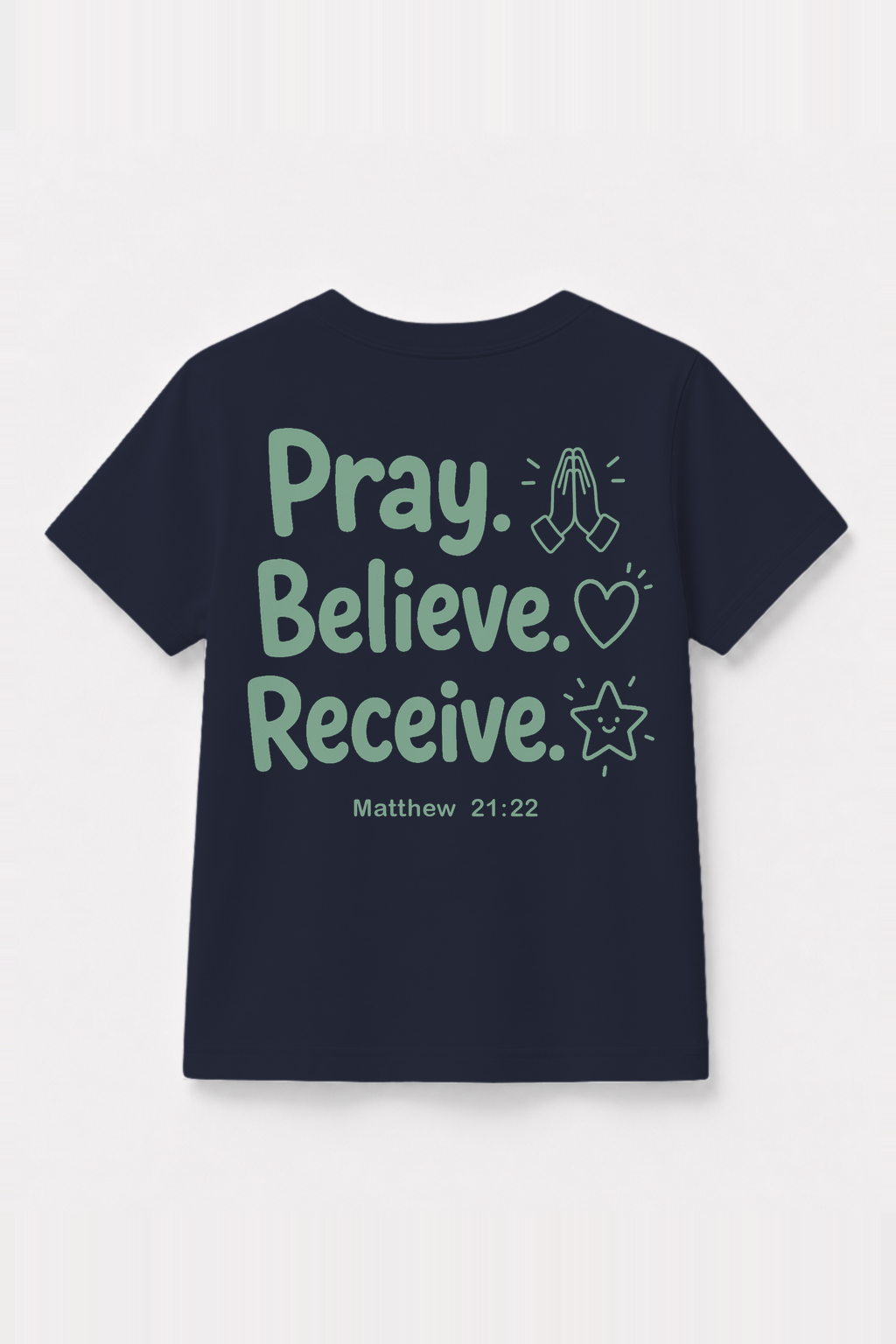 Pray. Believe. Receive. Kinder-T-Shirt Navy, Rückenprint