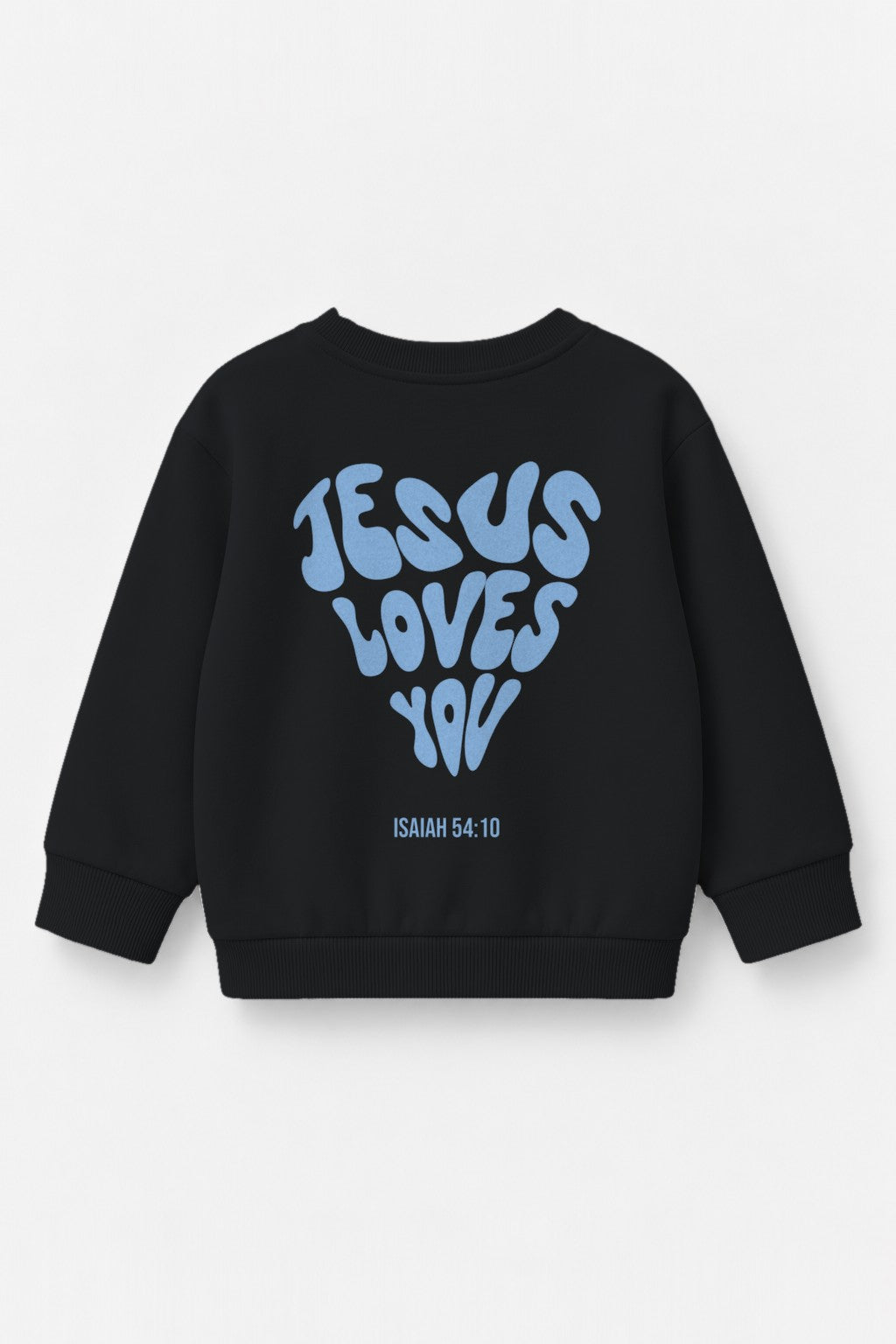 Kinder-Sweater Jesus loves you mit blauem Druck in Schwarz, Rückendruck