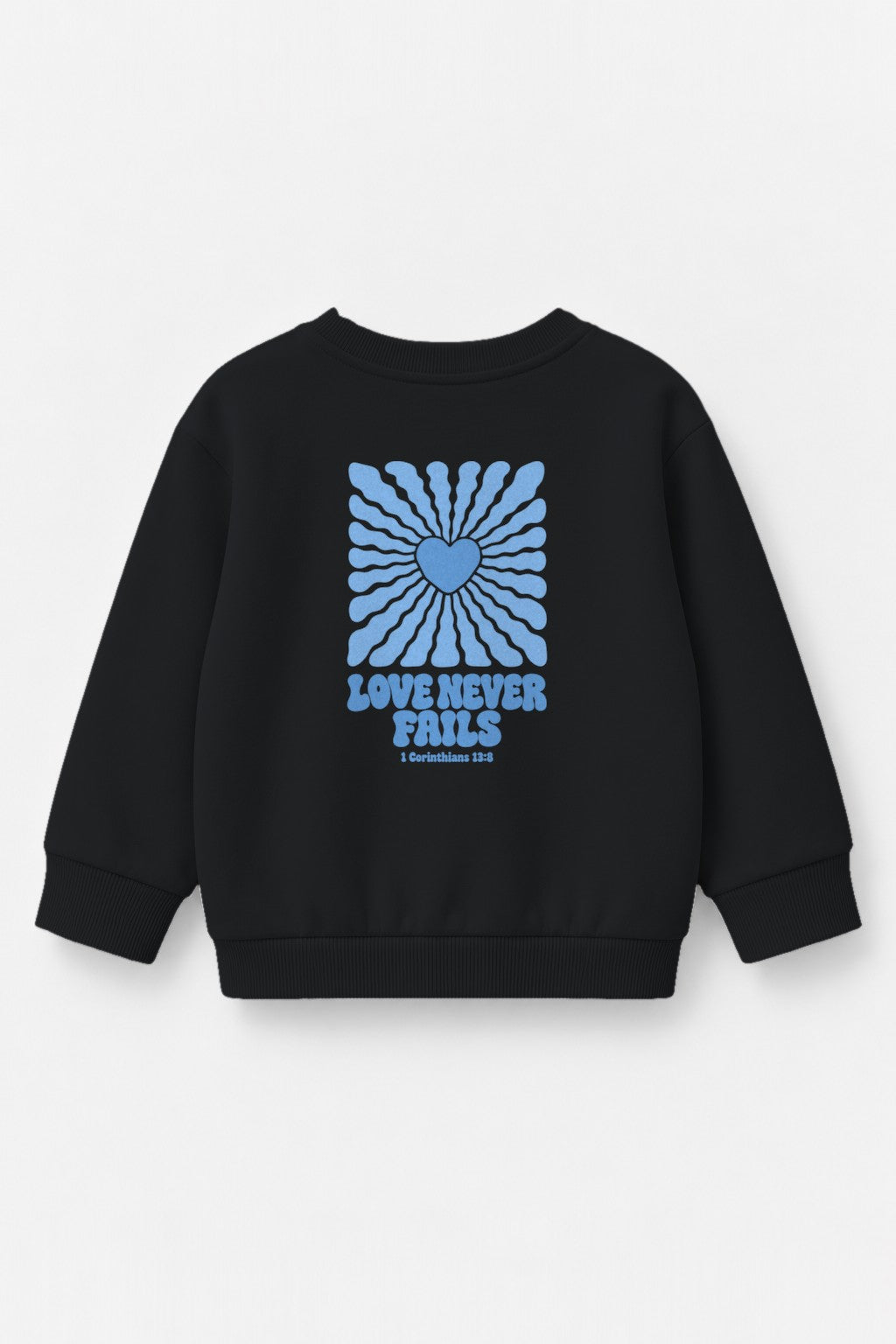 Kinder-Sweater Love never fails (Strahlen) mit blauem Druck in Schwarz, Rückendruck