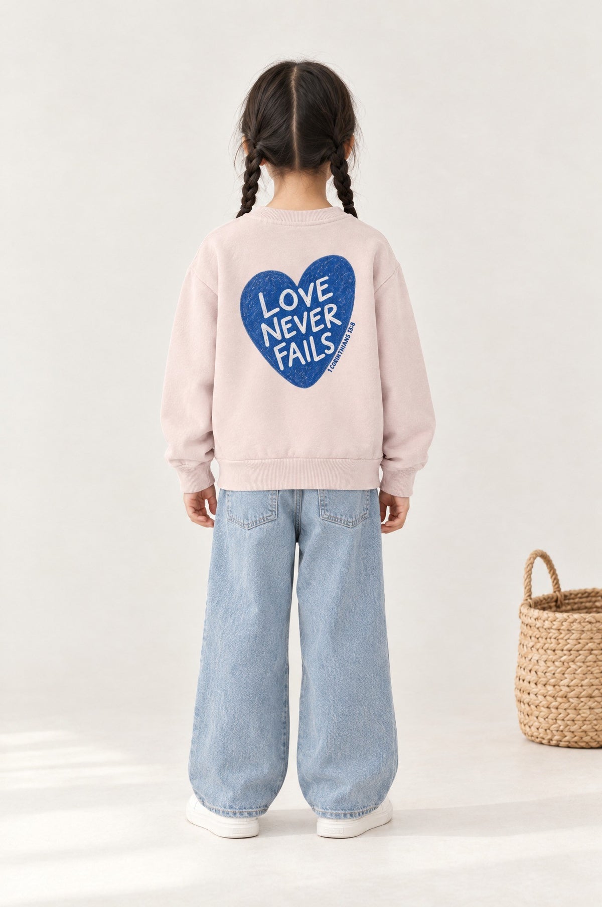 Kind von hinten im Kinder-Sweater „Love never fails (Herz)“ in Rosa