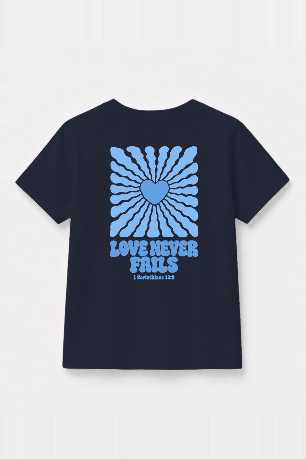 Kinder T-Shirt „Love never fails (Strahlen)“ mit blauem Druck in Navy