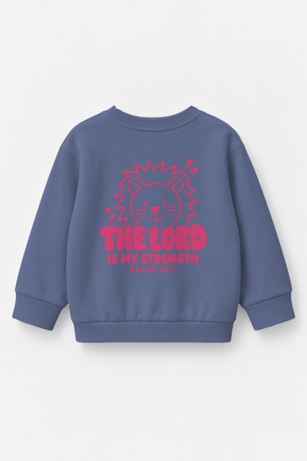 Kinder-Sweater The Lord is my strength in Blau, Rückendruck