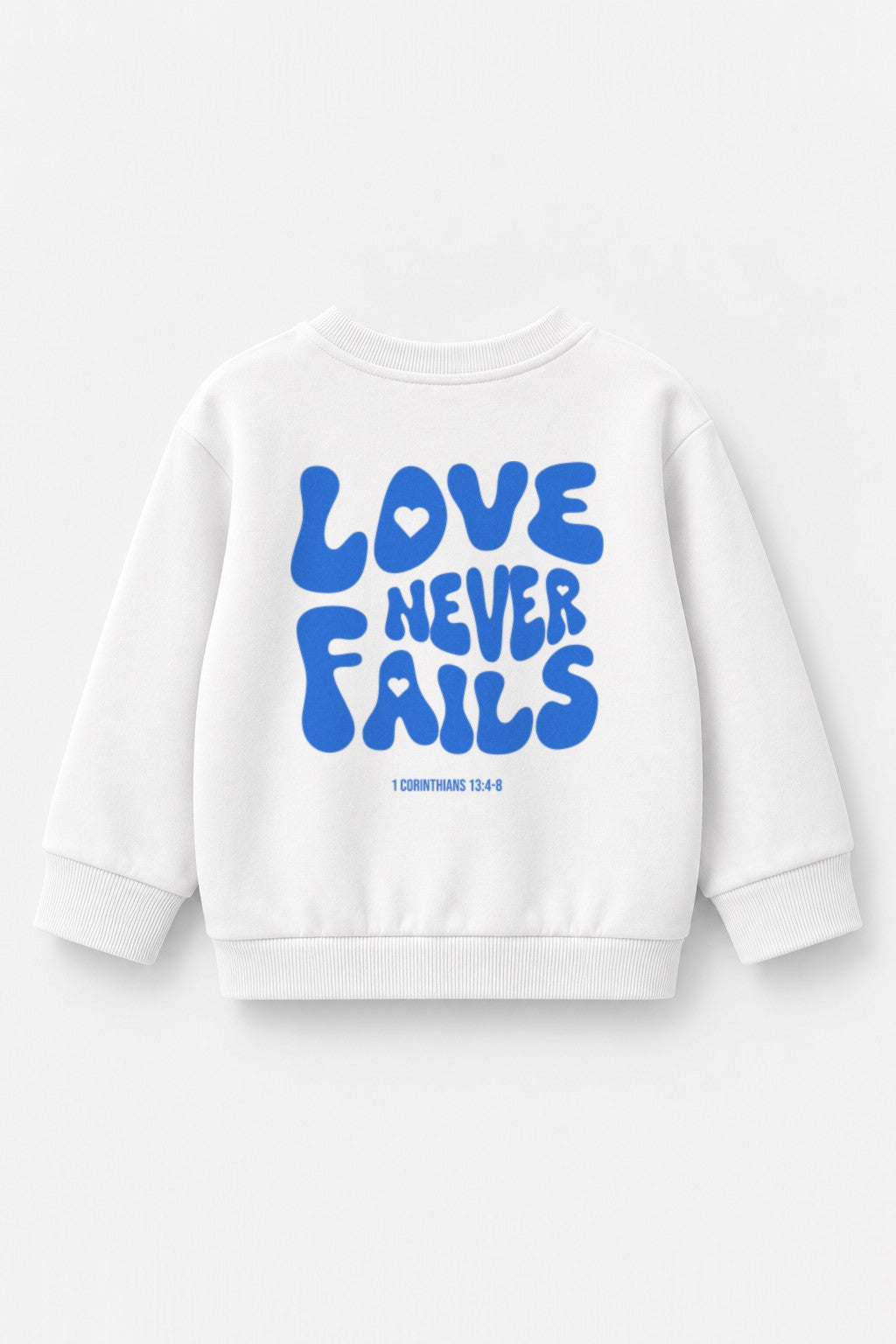 Kinder-Sweater Love never fails mit blauem Druck in Weiß, Rückendruck