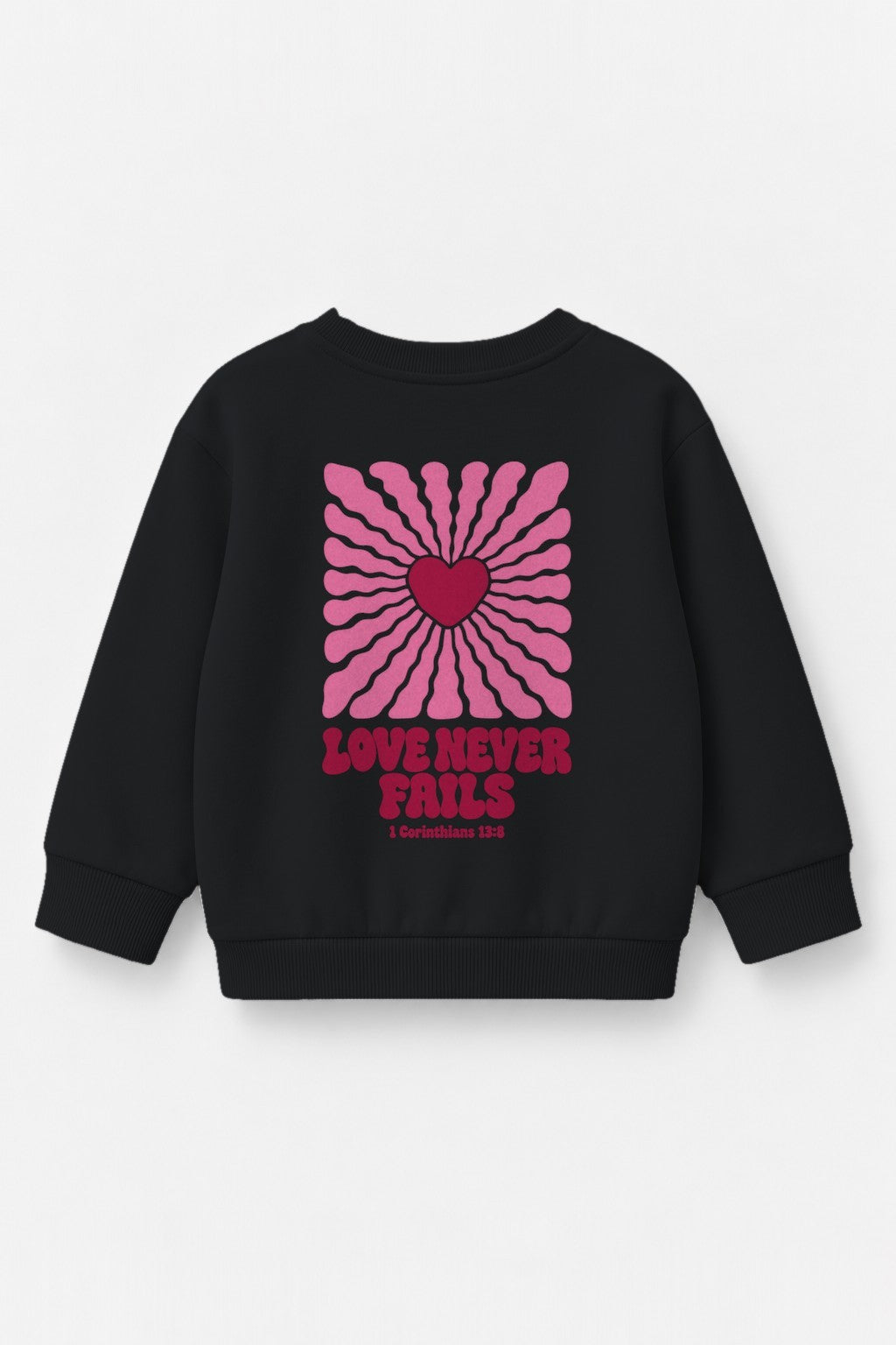 Kinder-Sweater „Love never fails (Strahlen)“ in Schwarz