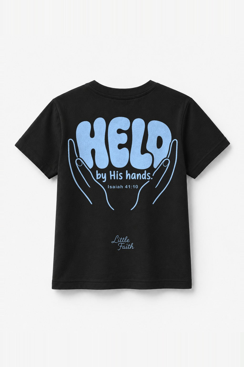 Kinder T-Shirt „Held by his Hands.“ mit blauem Druck in Schwarz