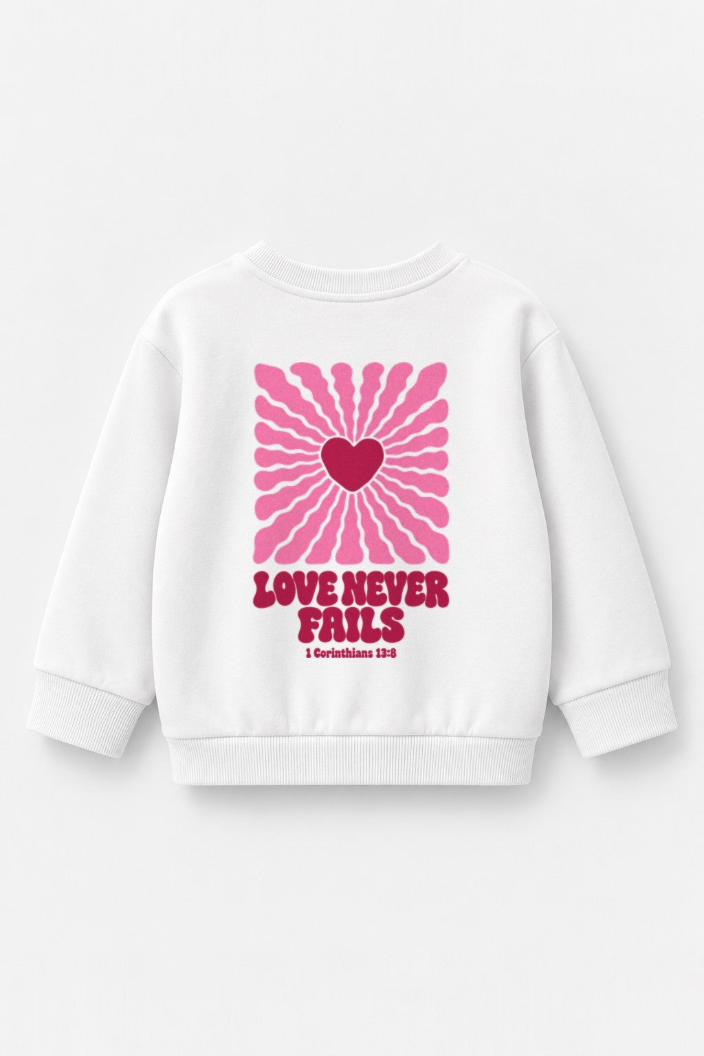 Kinder-Sweater „Love never fails (Strahlen)“ in Weiß