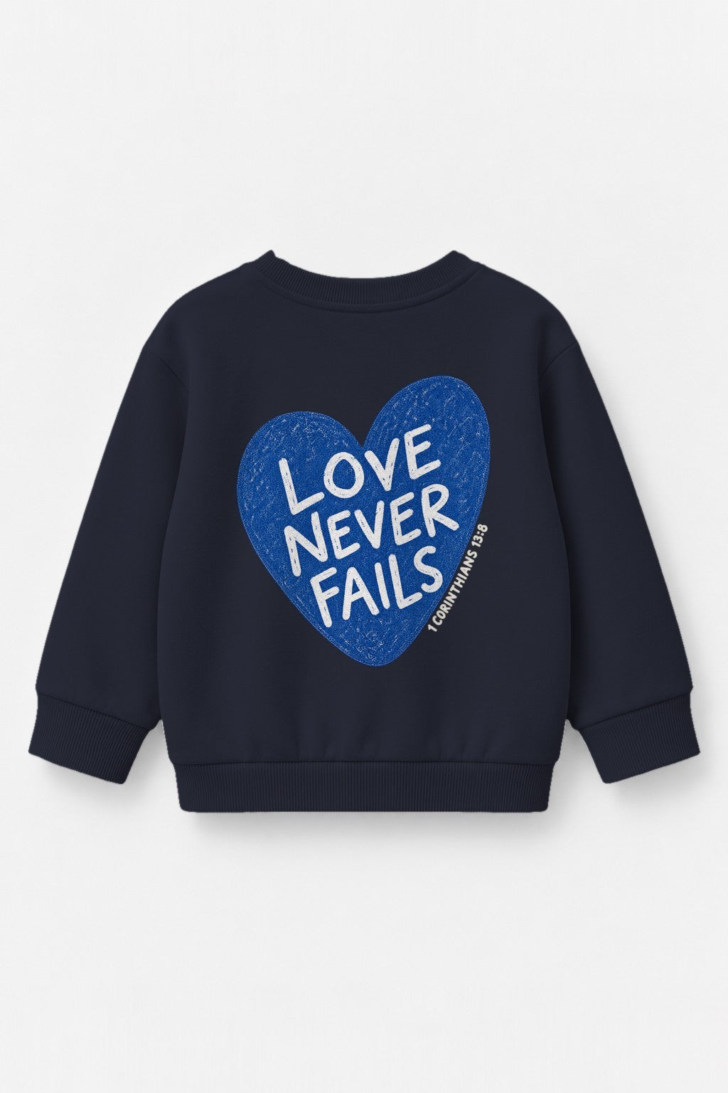 Kinder-Sweater „Love never fails (Herz)“ in Navy