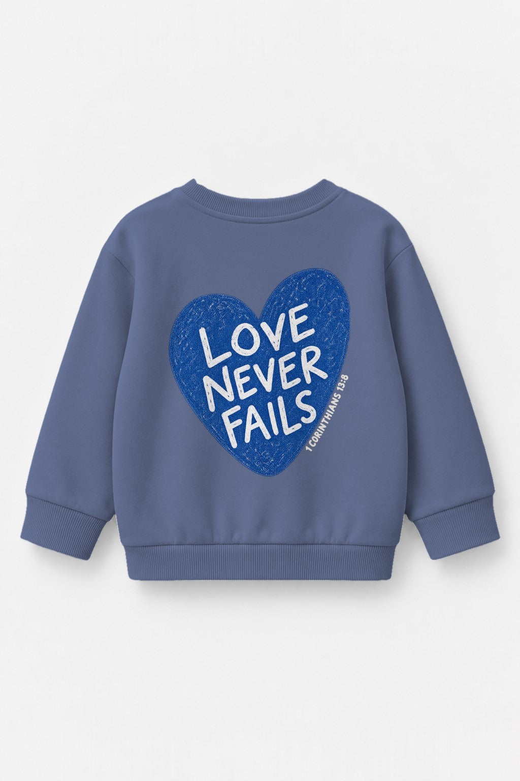 Kinder-Sweater „Love never fails (Herz)“ in Blau