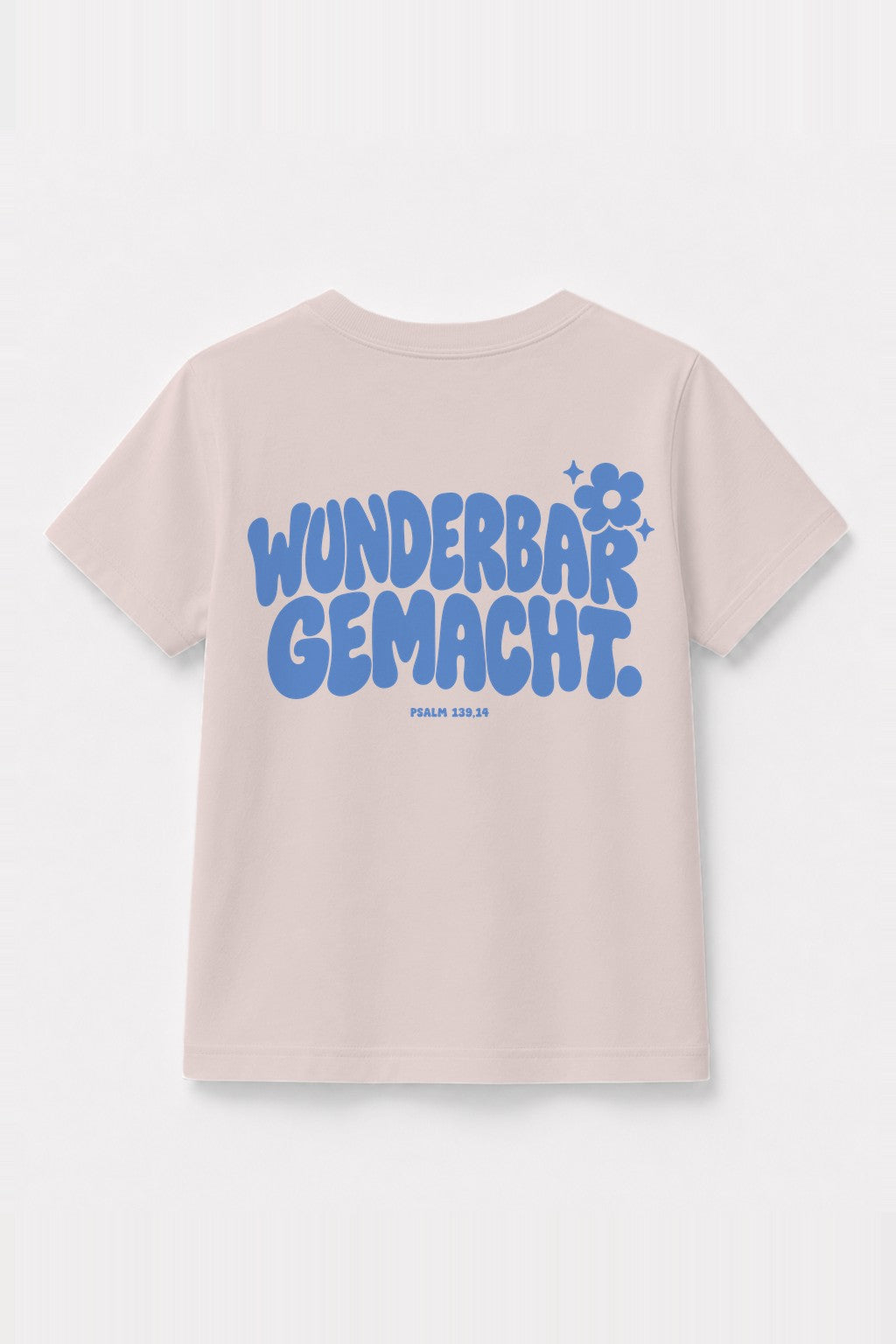 Kinder T-Shirt „Wunderbar gemacht.“ mit blauem Druck in Rosa