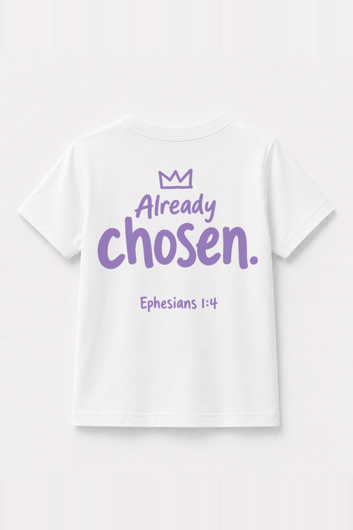 Already chosen. Kinder-T-Shirt Weiß, Rückenprint