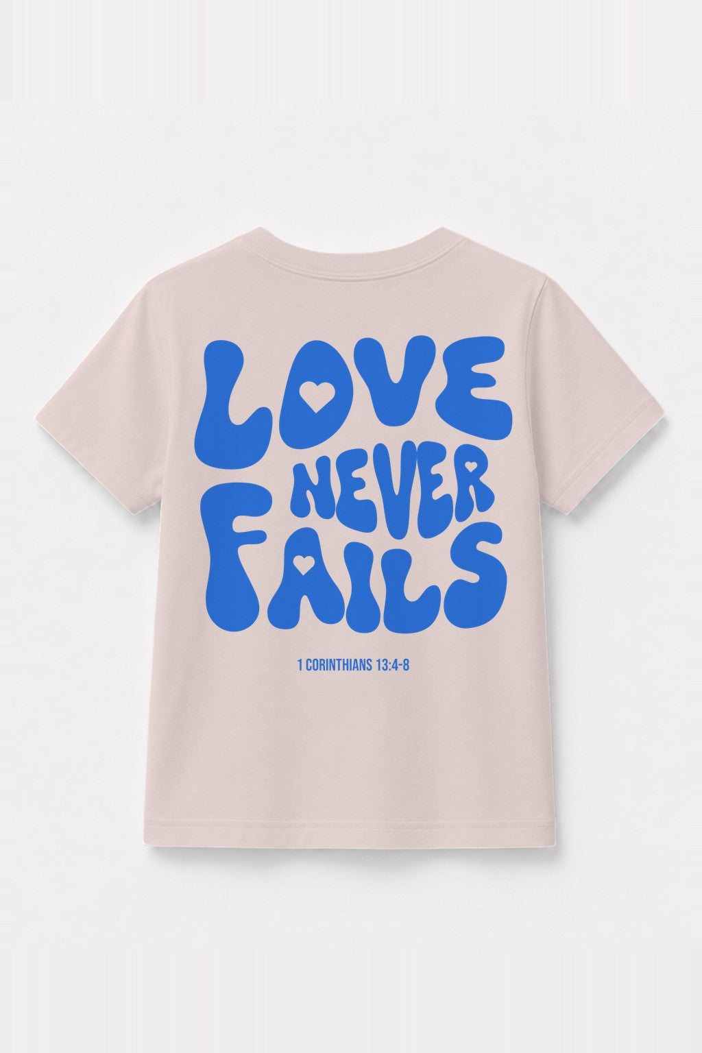 Kinder T-Shirt „Love never fails“ mit blauem Druck in Rosa