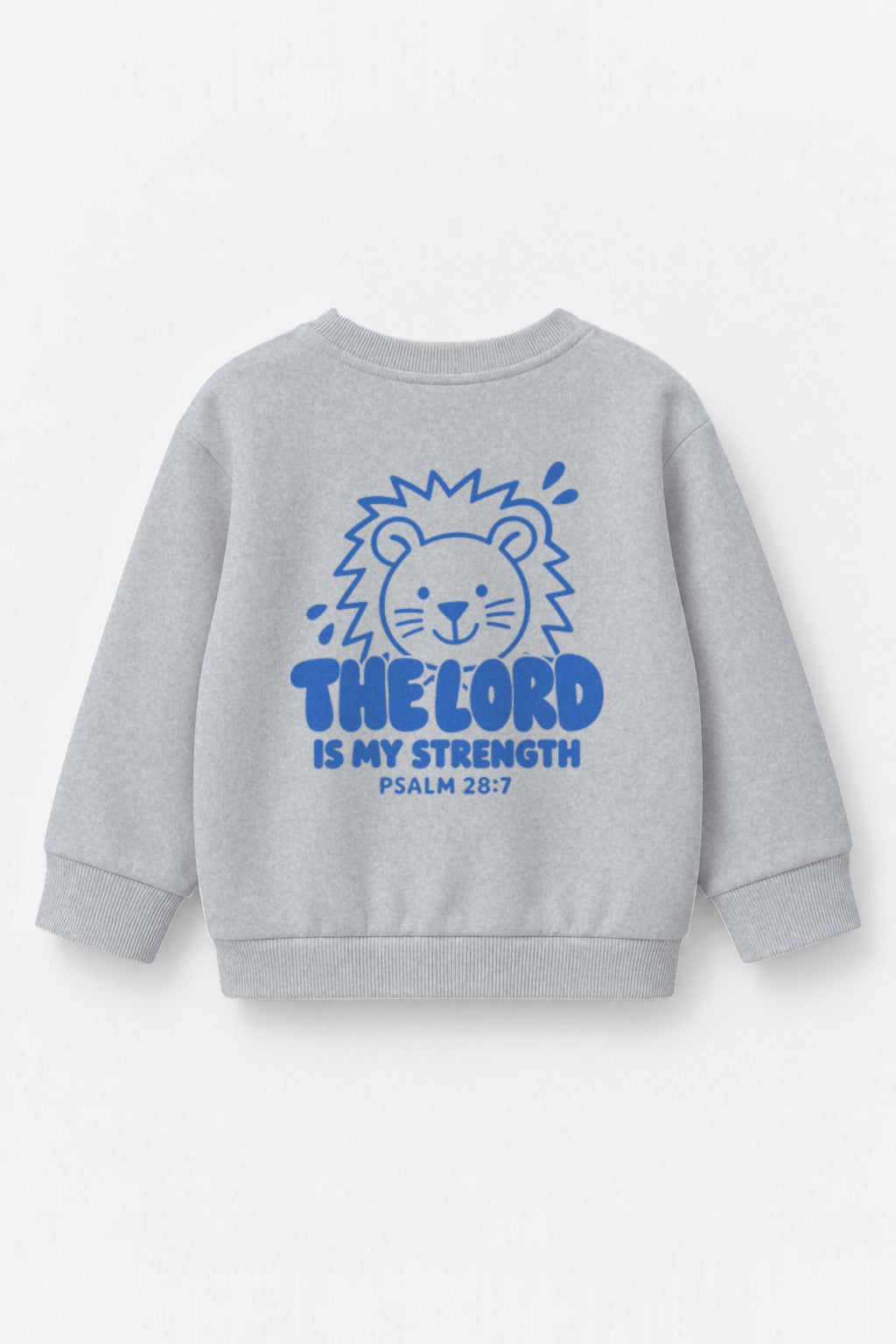 Kinder-Sweater The Lord is my strength mit blauem Druck in Grau meliert, Rückendruck