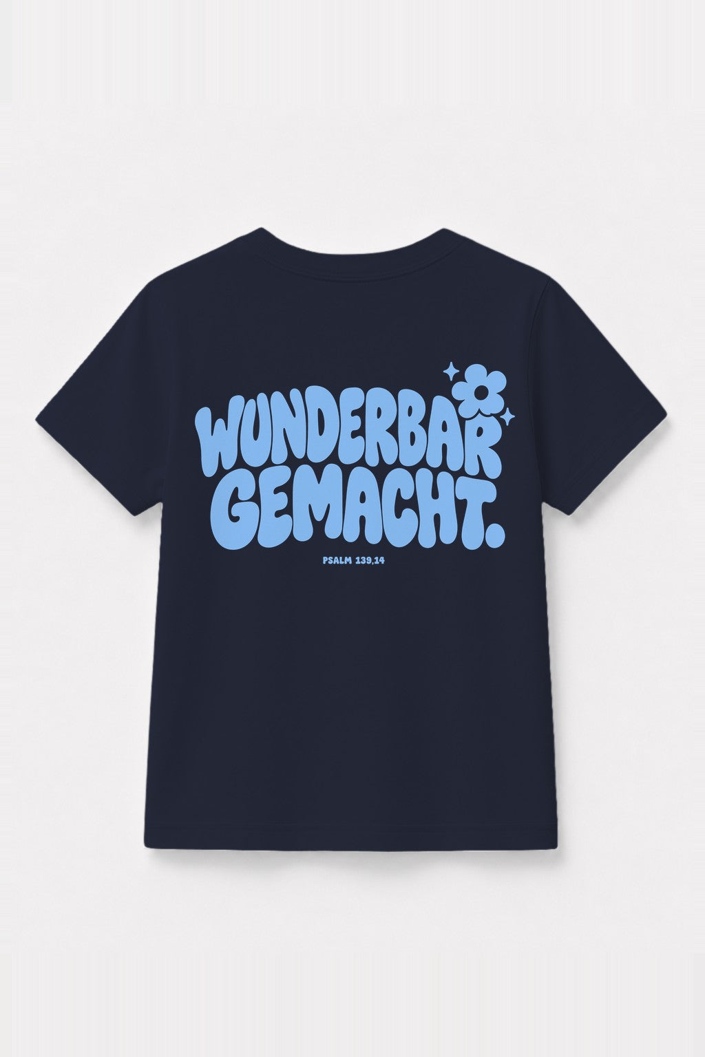Kinder T-Shirt „Wunderbar gemacht.“ mit blauem Druck in Navy