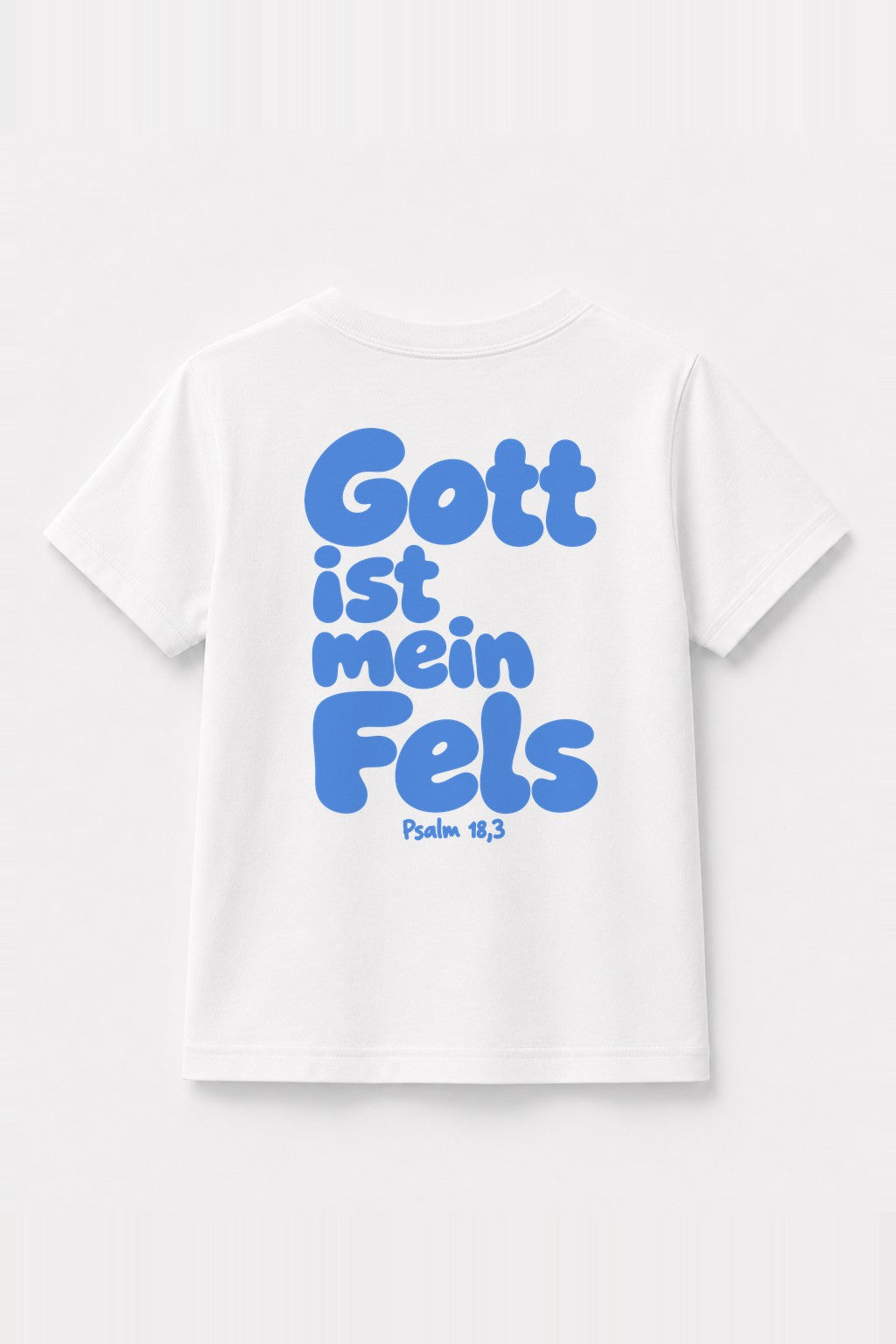 Kinder T-Shirt „Gott ist mein Fels“ mit blauem Druck in Weiß