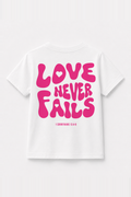 Love never fails Kinder-T-Shirt Weiß, Rückenprint