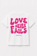 Love never fails Kinder-T-Shirt Weiß, Rückenprint