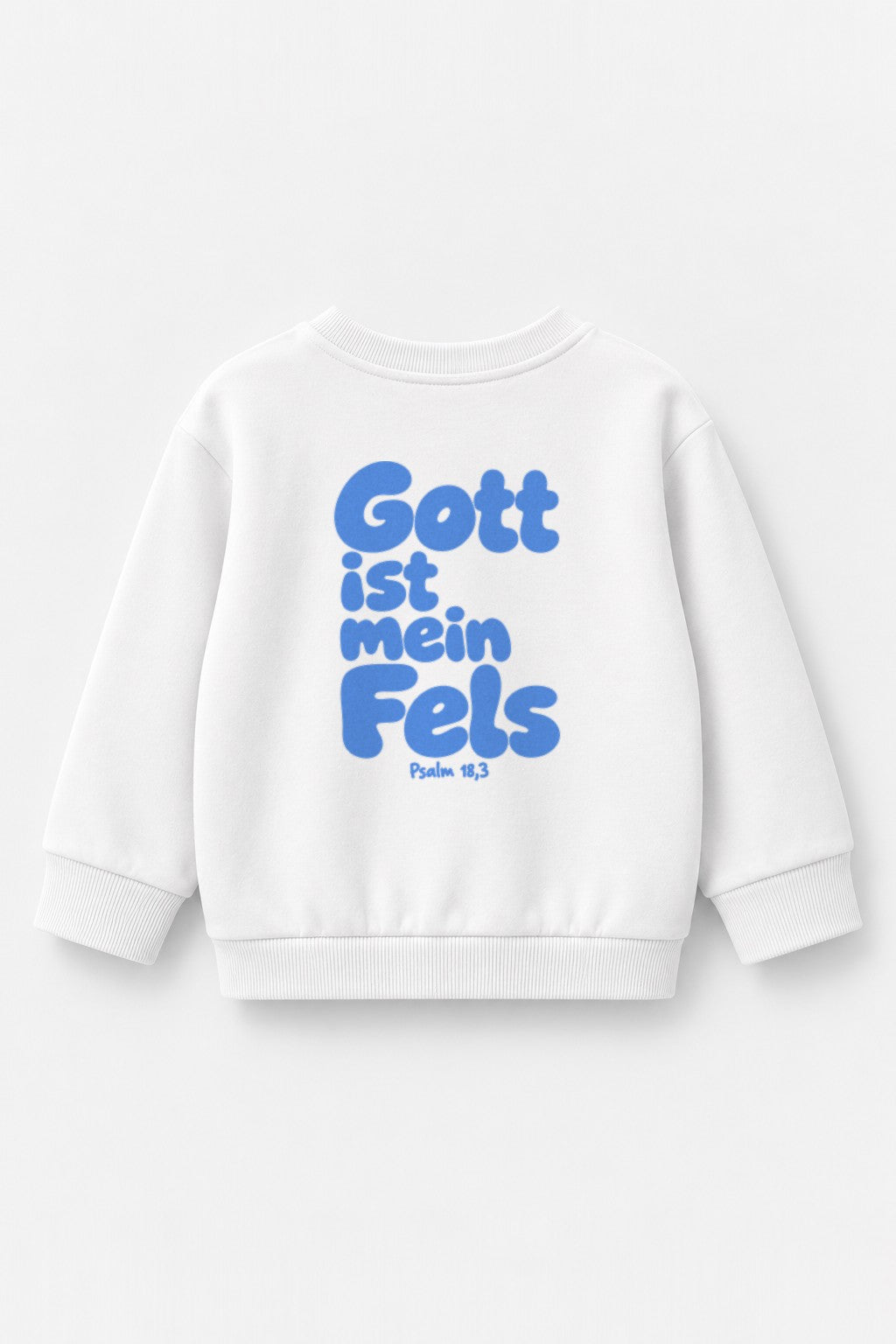 Kinder-Sweater Gott ist mein Fels mit blauem Druck in Weiß, Rückendruck