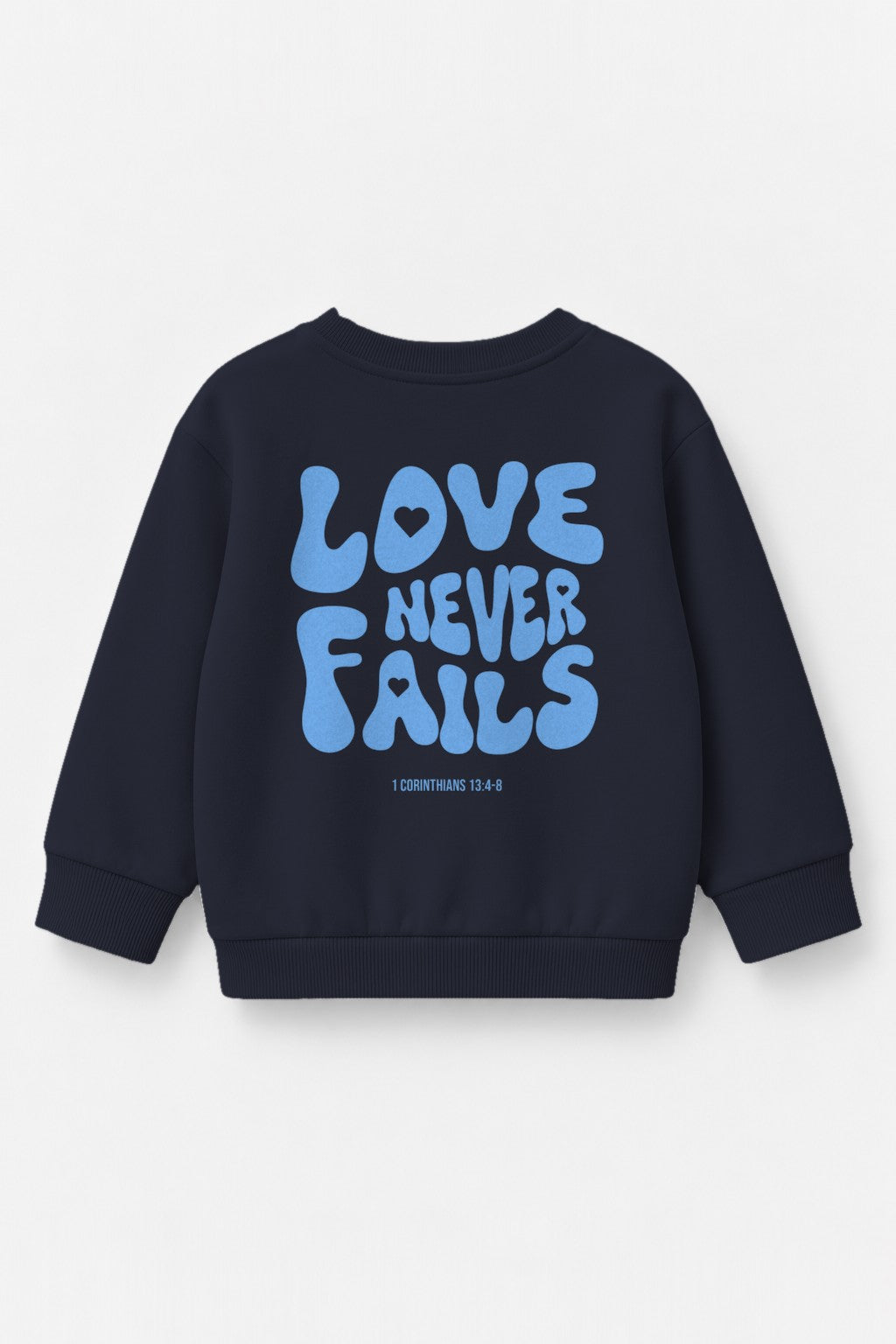 Kinder-Sweater Love never fails mit blauem Druck in Navy, Rückendruck