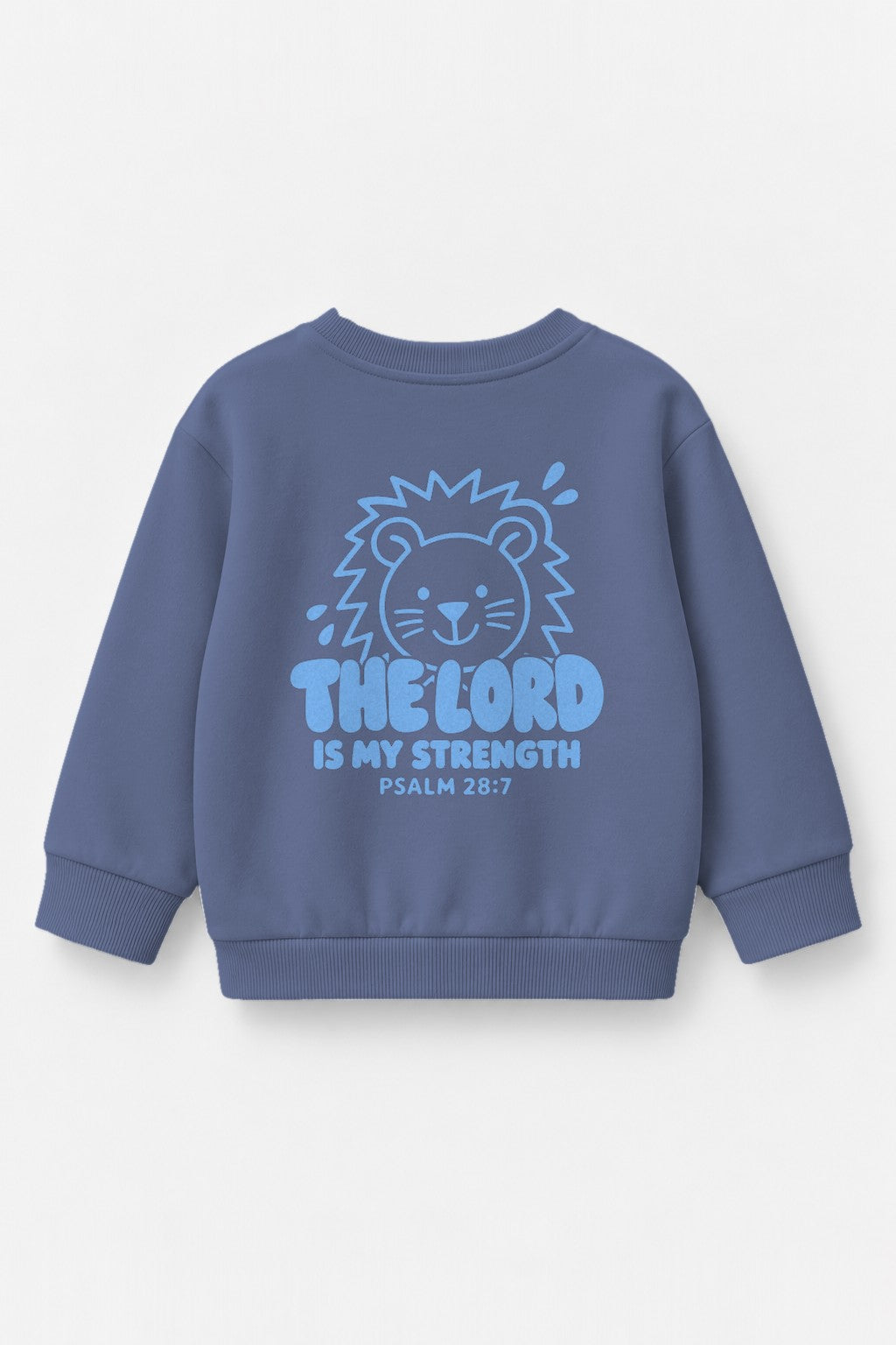 Kinder-Sweater The Lord is my strength mit blauem Druck in Blau, Rückendruck