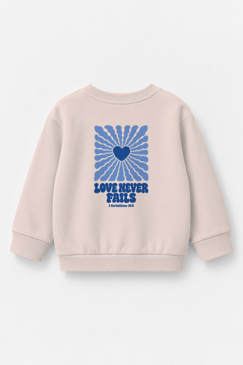Kinder-Sweater Love never fails (Strahlen) mit blauem Druck in Rosa, Rückendruck
