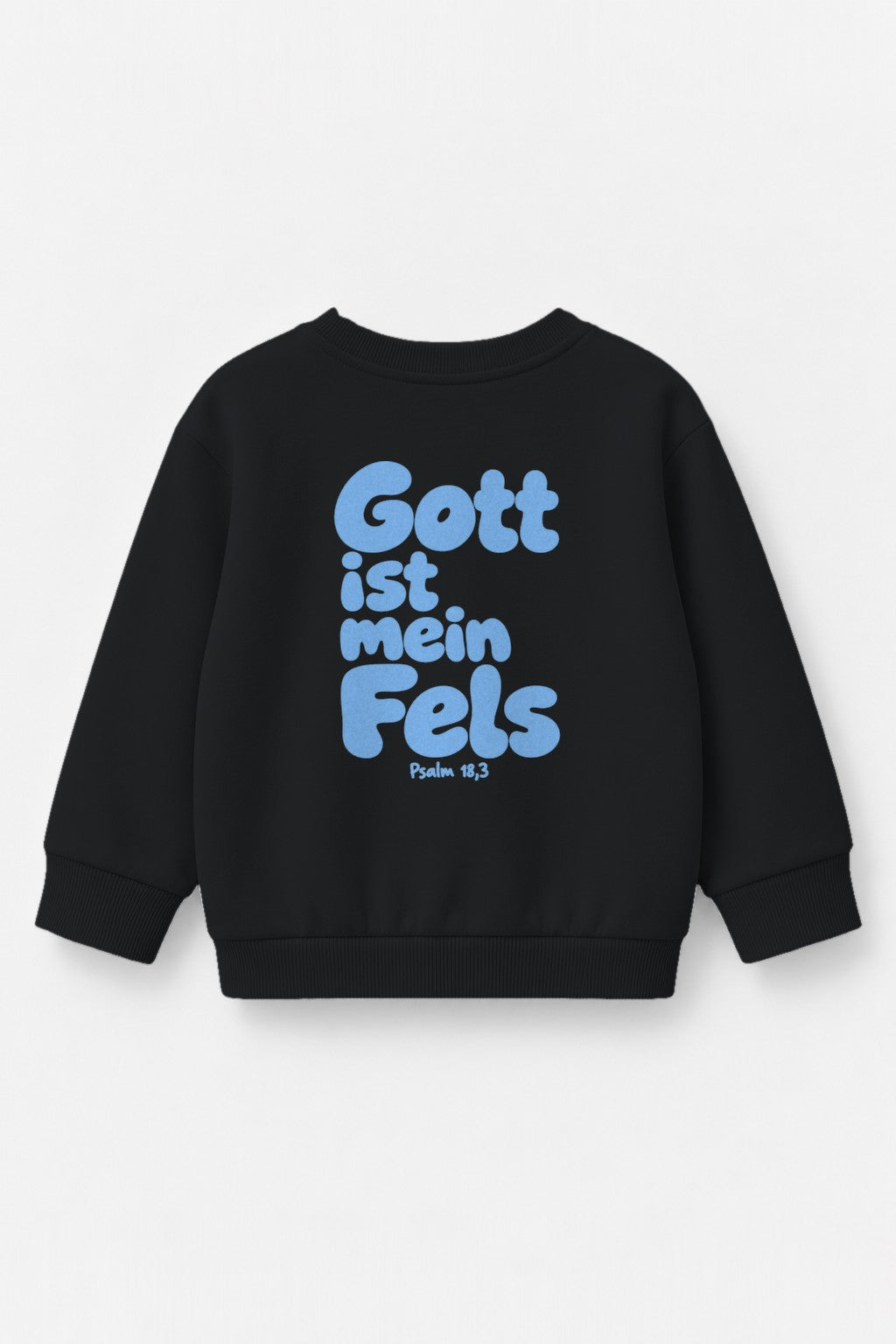 Kinder-Sweater Gott ist mein Fels mit blauem Druck in Schwarz, Rückendruck