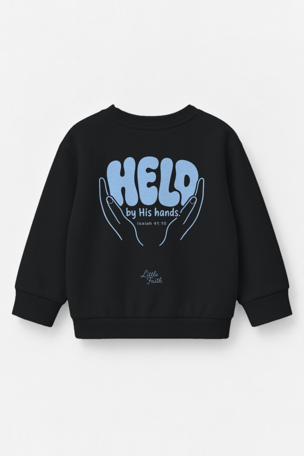 Kinder-Sweater Held by his Hands mit blauem Druck in Schwarz, Rückendruck