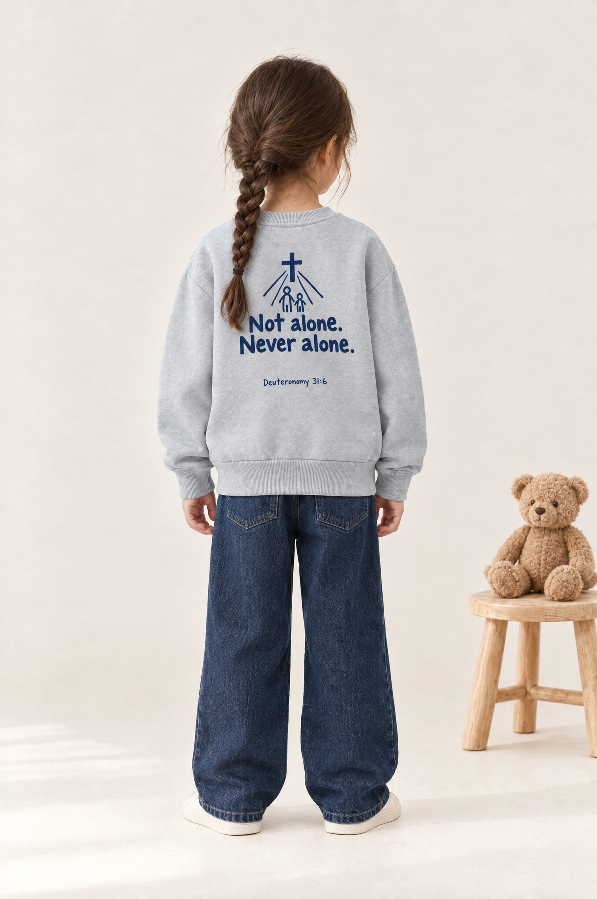 Kind von hinten im Kinder-Sweater Not Alone. Never Alone. in Grau meliert
