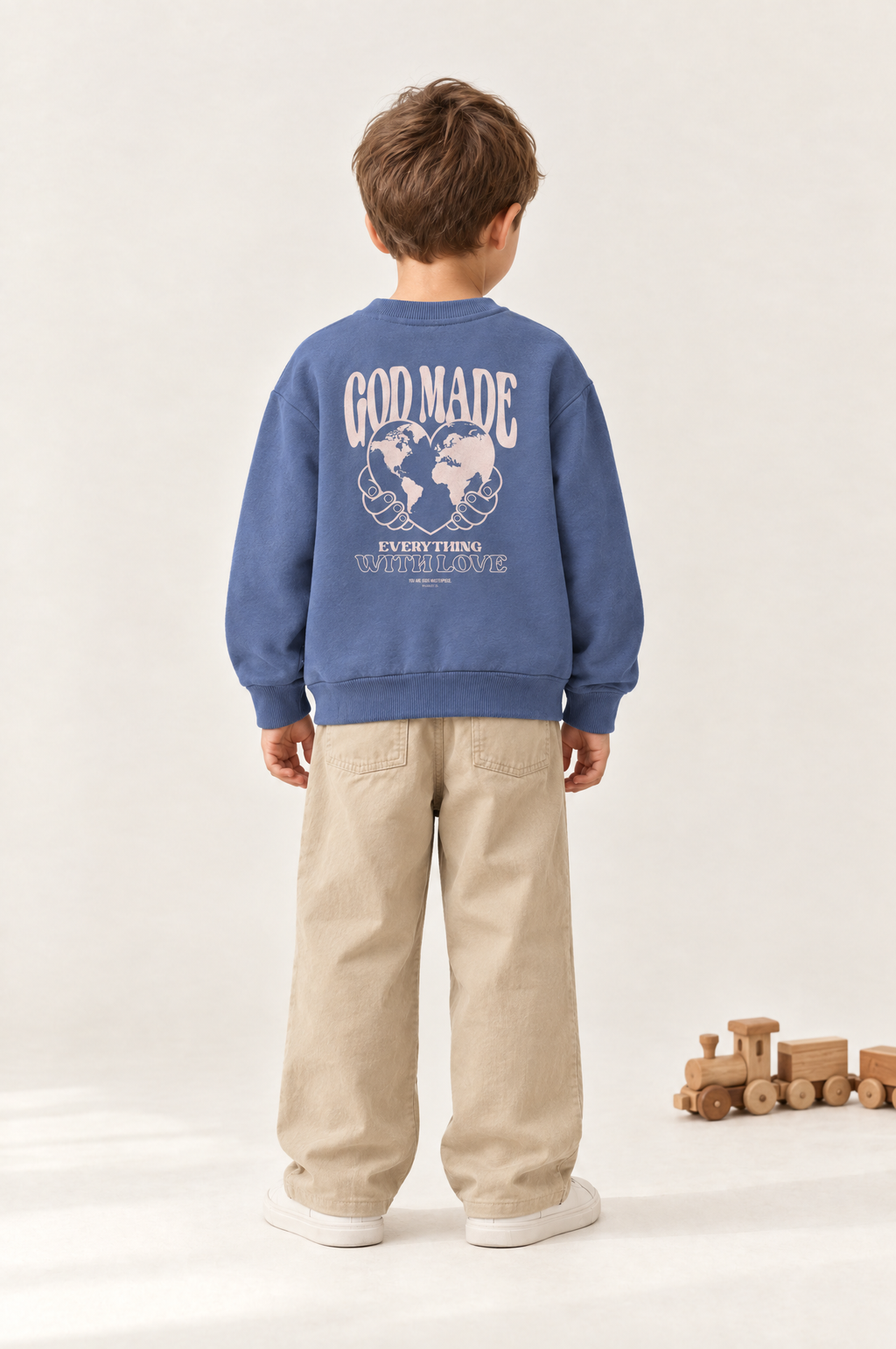 Kind von hinten im Kinder-Sweater God made in Blau