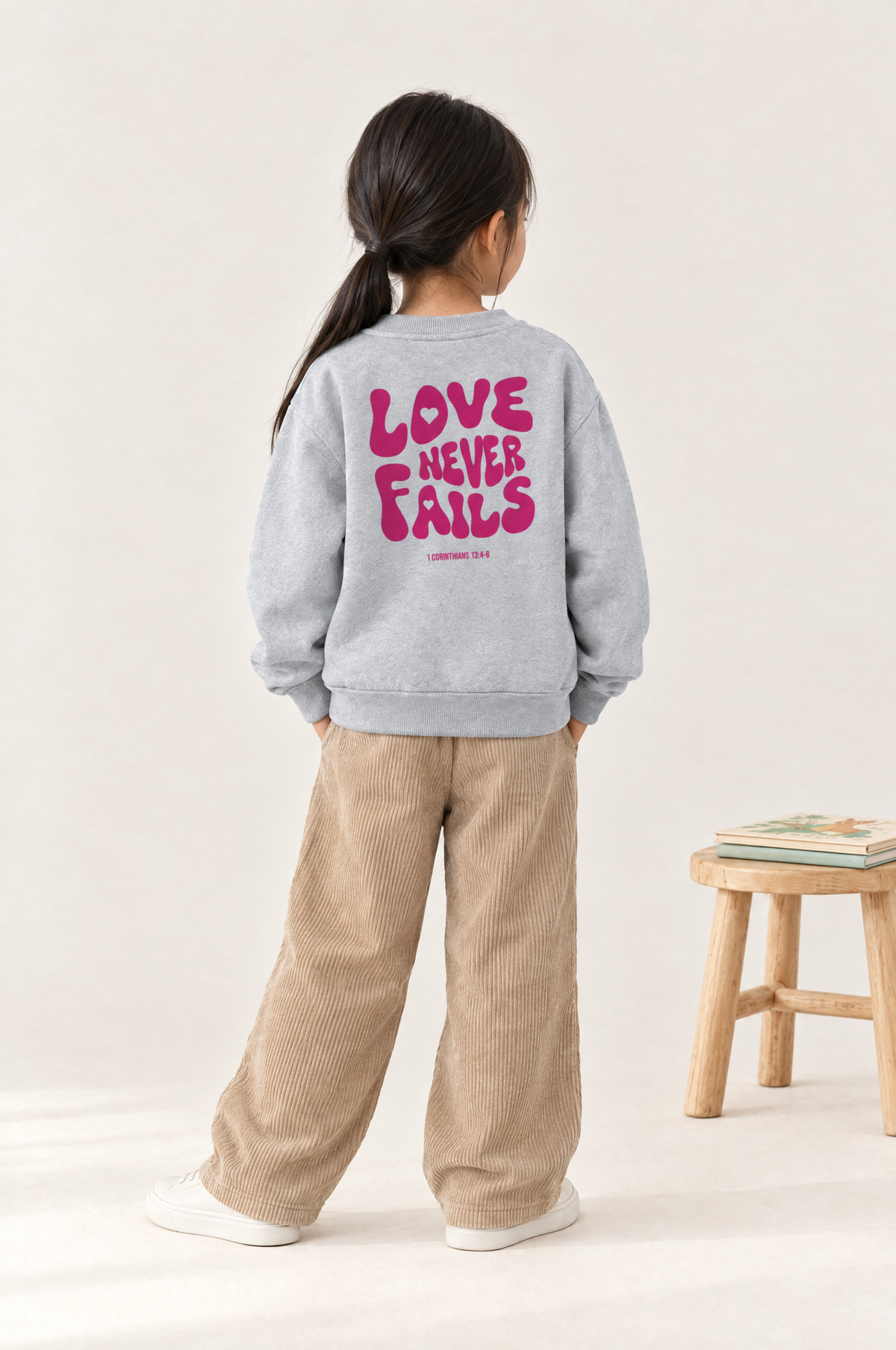 Kind von hinten im Kinder-Sweater Love never fails in Grau meliert